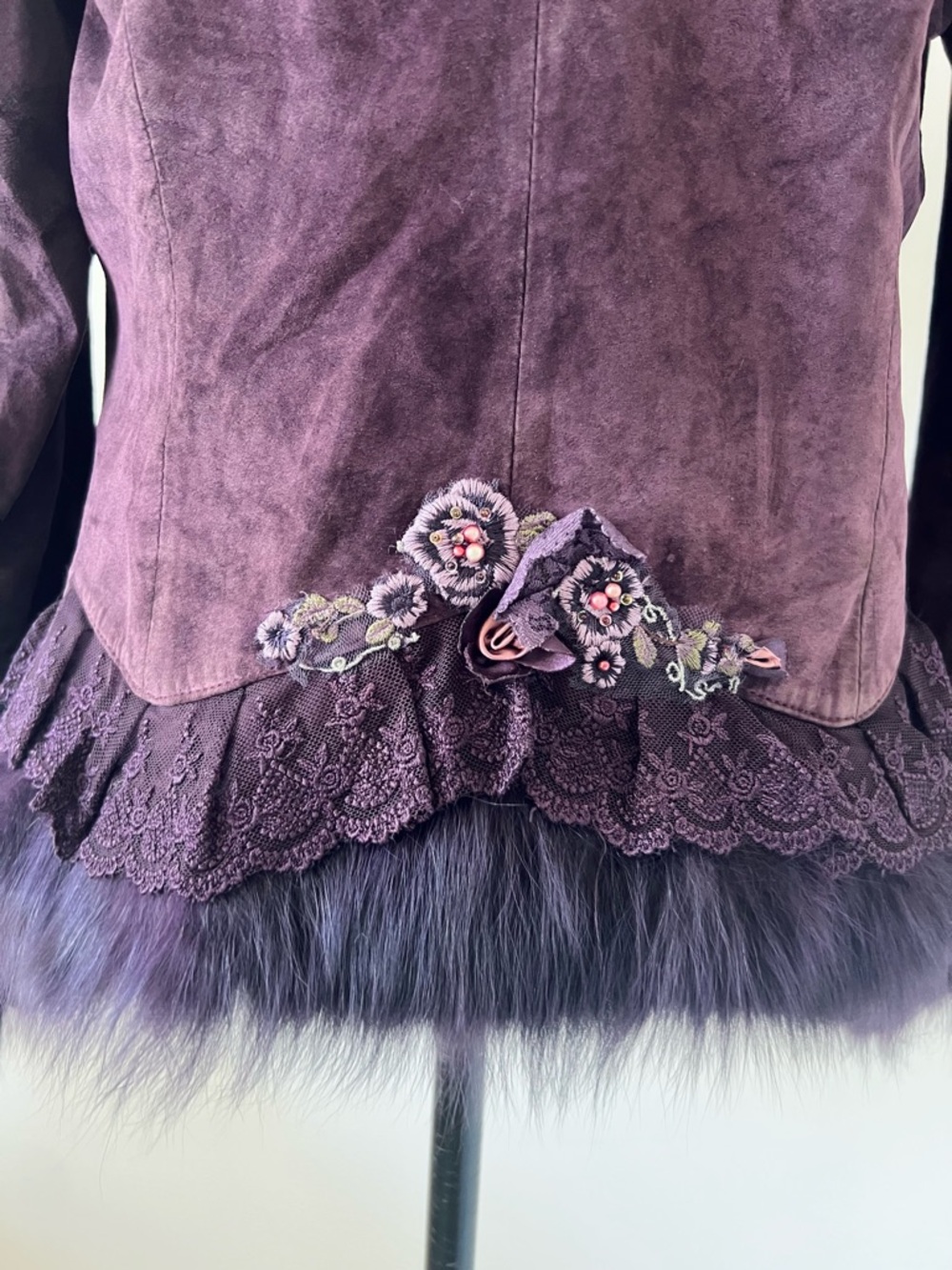 Vintage Pink Mary Purple Suede Fox Fur Collar Jacket Embellished Peplum Coat M - Picture 5 of 15